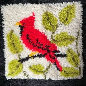 vintage handmade cardinal latch hook rug fiber art wall hanging throw pillow